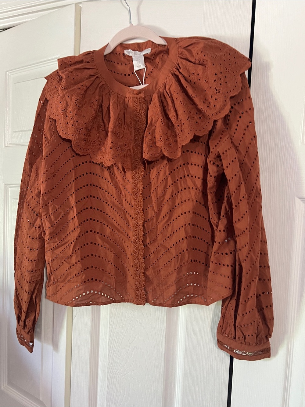 Caroline Constas Rust Eyelet Ruffle Collar Blouse